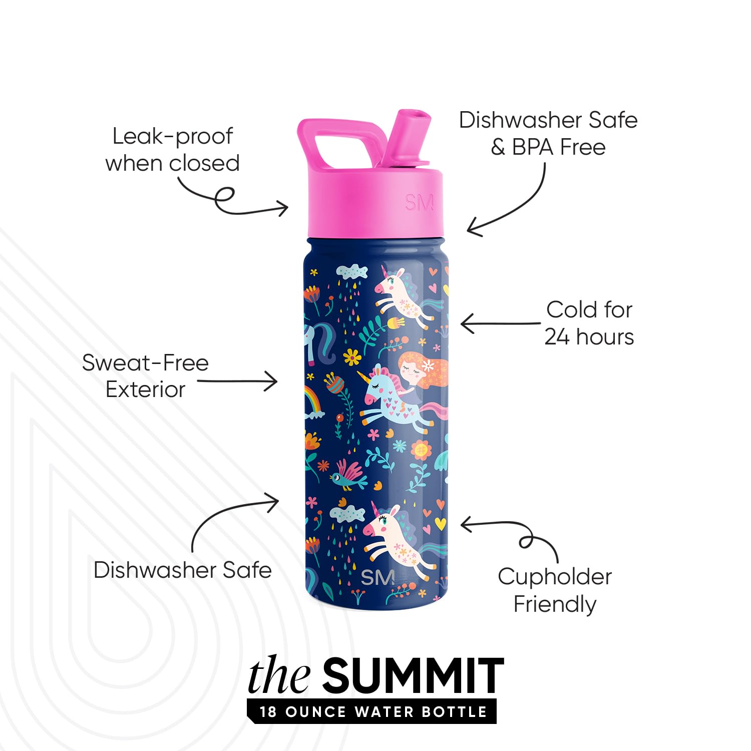 Simple Modern Kids Water Bottle with Straw Lid | Insulated Stainless Steel Reusable Tumbler for Toddlers, Girls | Summit Collection | 18oz, Unicorn Rainbows