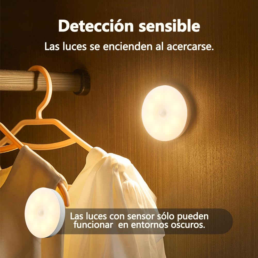 KIWOP 2 Colores Luz Led con Sensor de Movimiento, 6 PCS Led Luz Nocturna Recargable Usb, Luz Blanca 6000k & Luz Cálida 3000k, Diseño Magnético, 4 Modos Iluminación, 10 Horas Iluminación Continua.