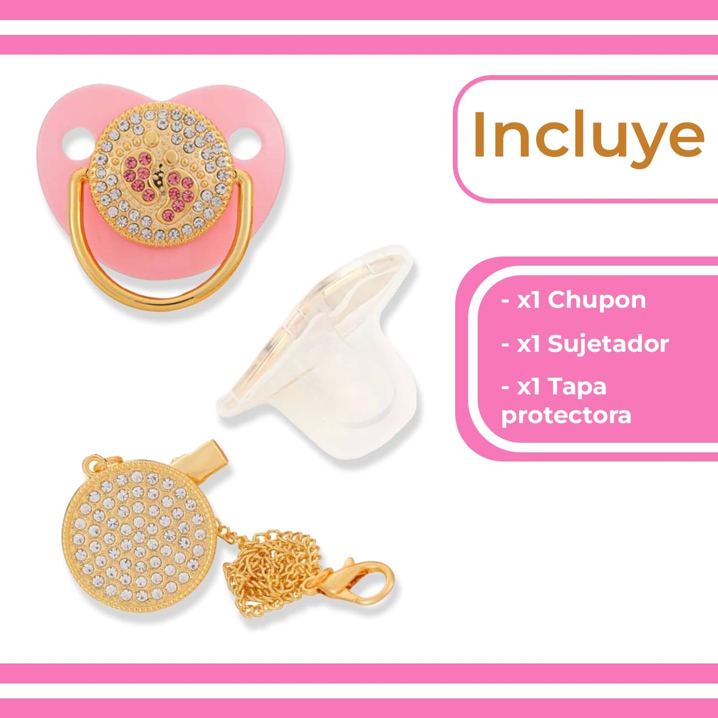 Chupón Sweet Baby Rosa Oro Diamantes Diseño VIP con Sujetador Mordedera Ergonómica Sin BPA para Bebé 0 a 18 Meses