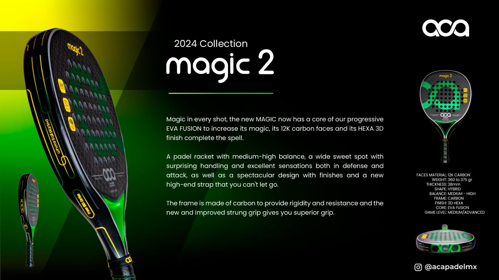 Pala de Padel Aca Magic 2 Carbono 12K Híbrida Hexa 3D Goma Eva Fusion