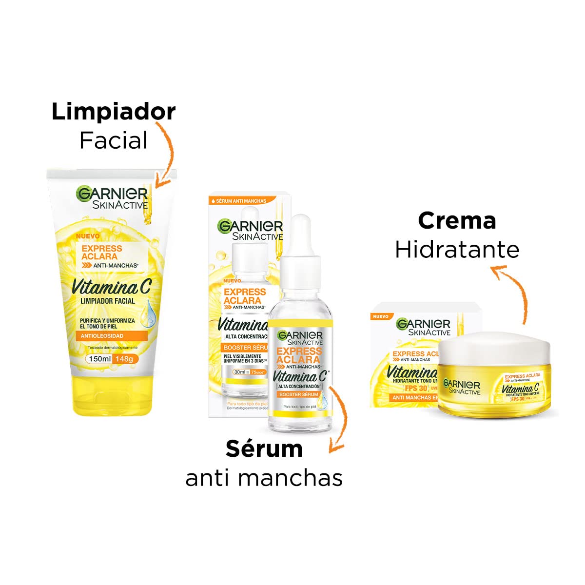 Garnier SkinActive. Kit express aclara: serum, crema y gel con vitamina c + Nivea Sun. Protector Solar Facial FPS50 Control De Brillo 50 ml