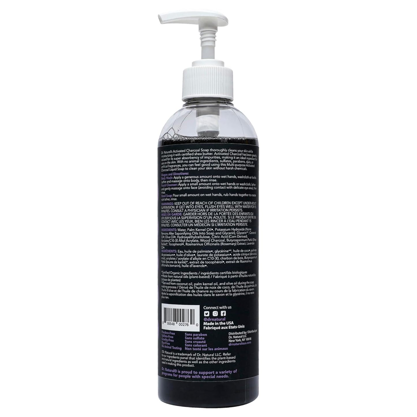 Dr. Natural Jabón Liquido Facial y para Cuerpo con Carbón Activado | Exfoliante Corporal y Facial | Natural, Vegano y Orgánico | Hecho de Plantas Con Aceite de Oliva y Coco, Manteca de Karité y Romero (473 ml, Lavanda)