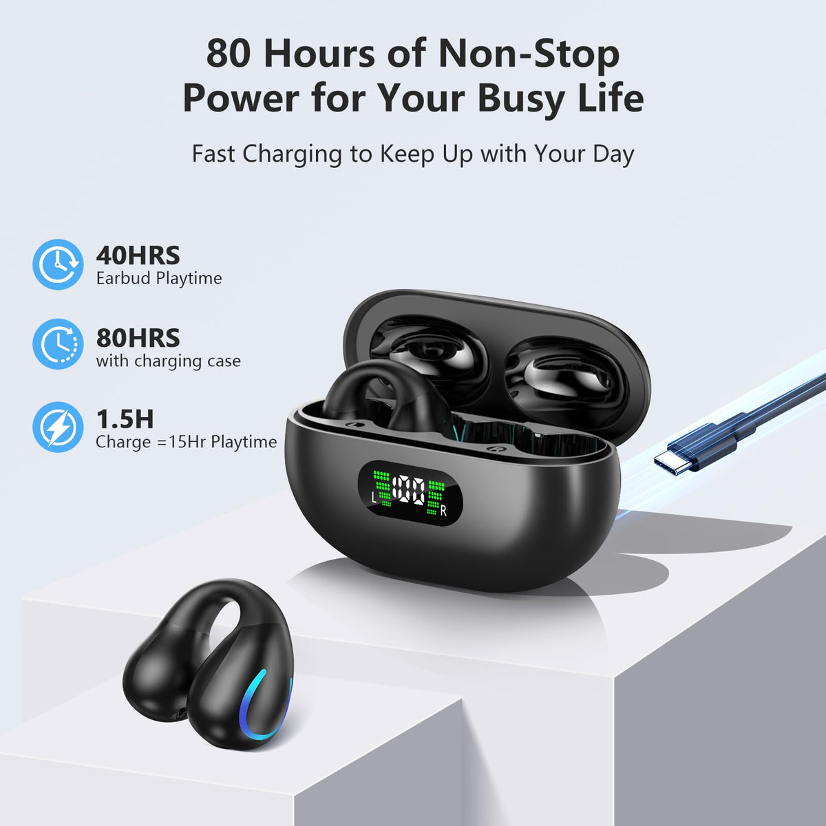 Auriculares Deportivos Bluetooth 5.3 de Conducción Ósea con Clip en Negro y Estuche de Carga Digital 60 Horas de Reproducción