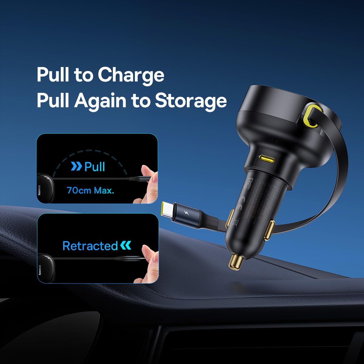Baseus Enjoyment Pro Cargador de Coche con Cable Tipo-C Retráctil 60W, Negro
