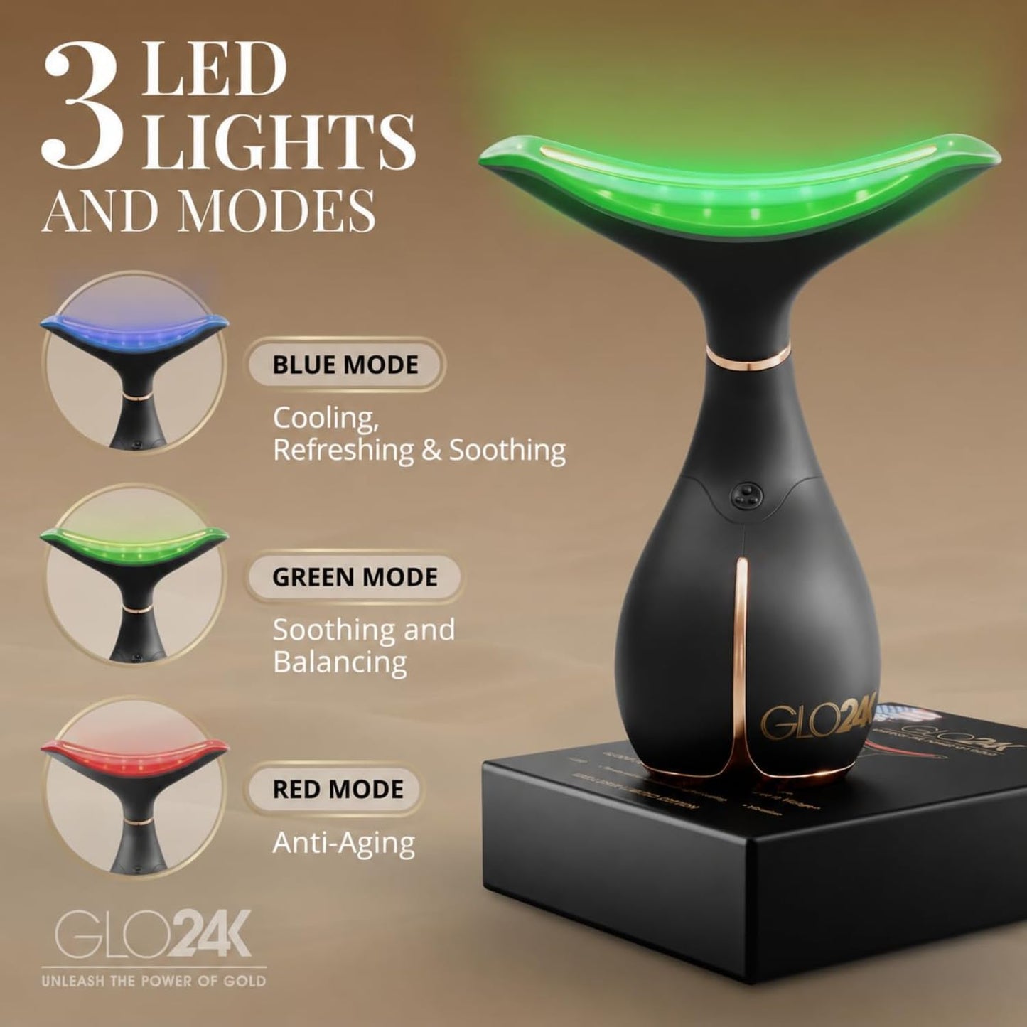GLO24K - Dispositivo de belleza para rejuvenecimiento de la piel para cara y cuello, basado en tecnología LED de triple acción, térmica y vibración. Levanta y aprieta la piel flácida para una apariencia radiante.