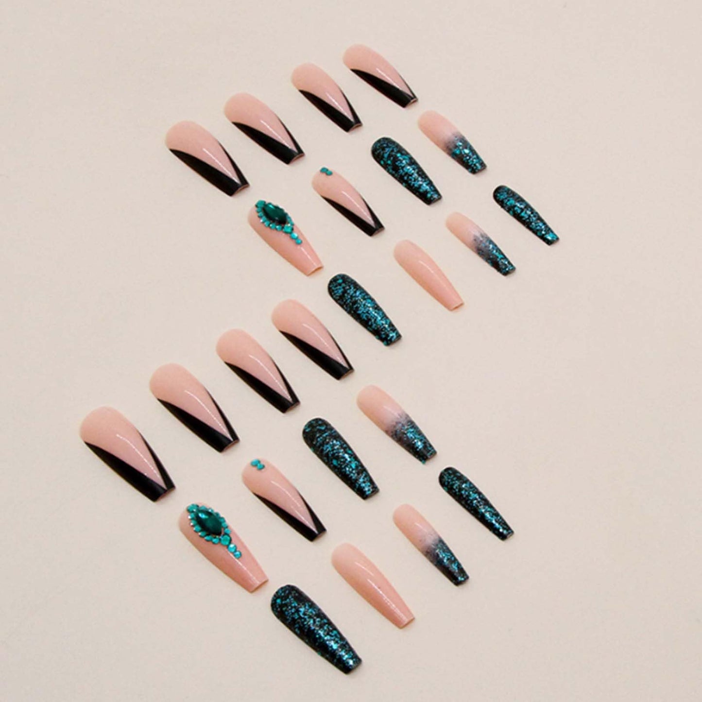 Gifiky Uñas Postizas de Gradiente, Ataúd Largo, Prensa En Uñas Francesas, Consejos, Diseño de Gema de Cristal, Cubierta Completa, Uñas Postizas Verdes para Mujeres y Niñas, 24 Piezas