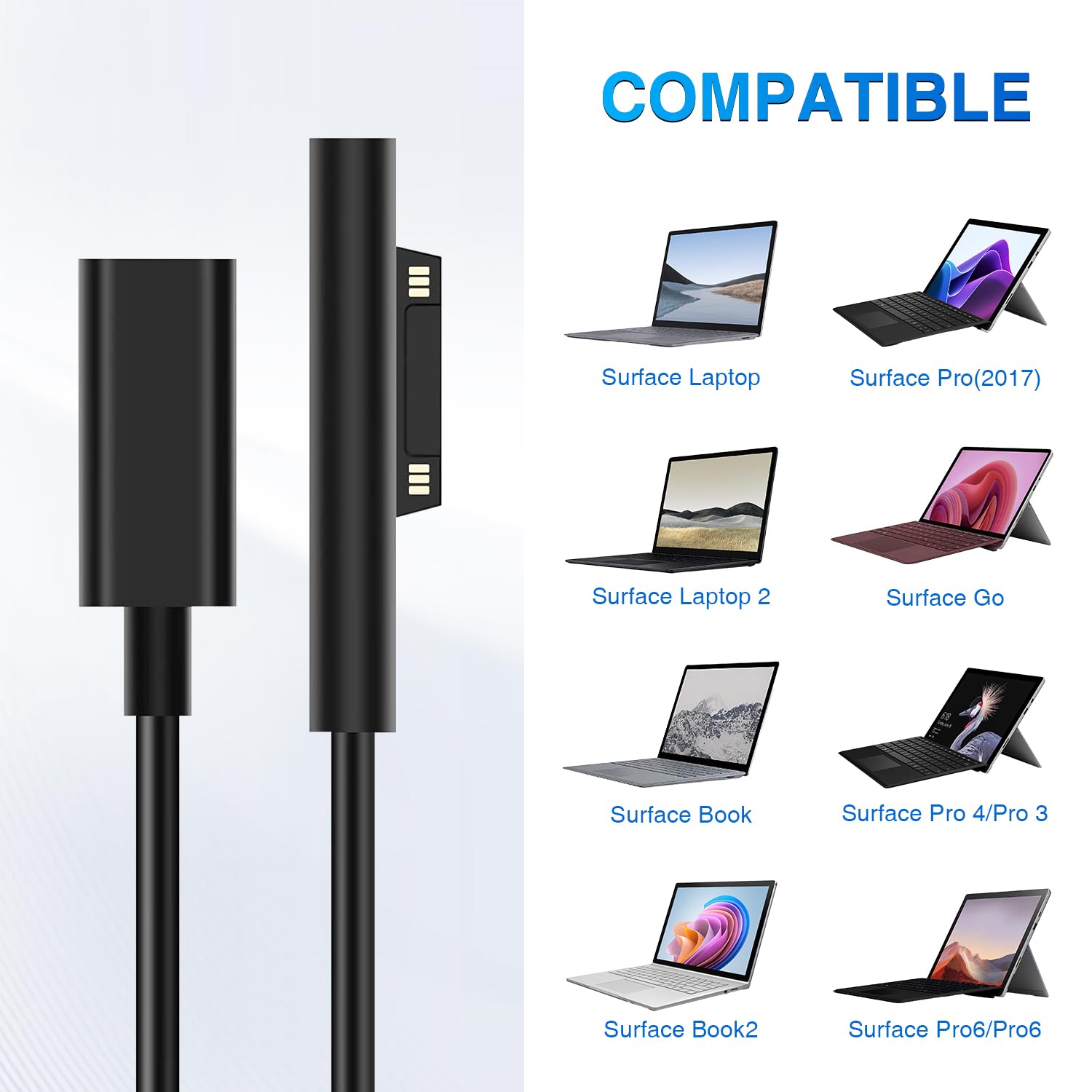 Adaptador de Carga Tipo C Hembra a Microsoft Surface en Negro Carga Rápida 65W para Surface Pro 3/4/5/6 GO Book 1/2 Laptop 1/2