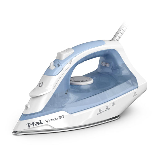 Plancha de Vapor T-fal Blanca Azul Virtuo 30 con Auto Apagado y Suela de Cerámica XL