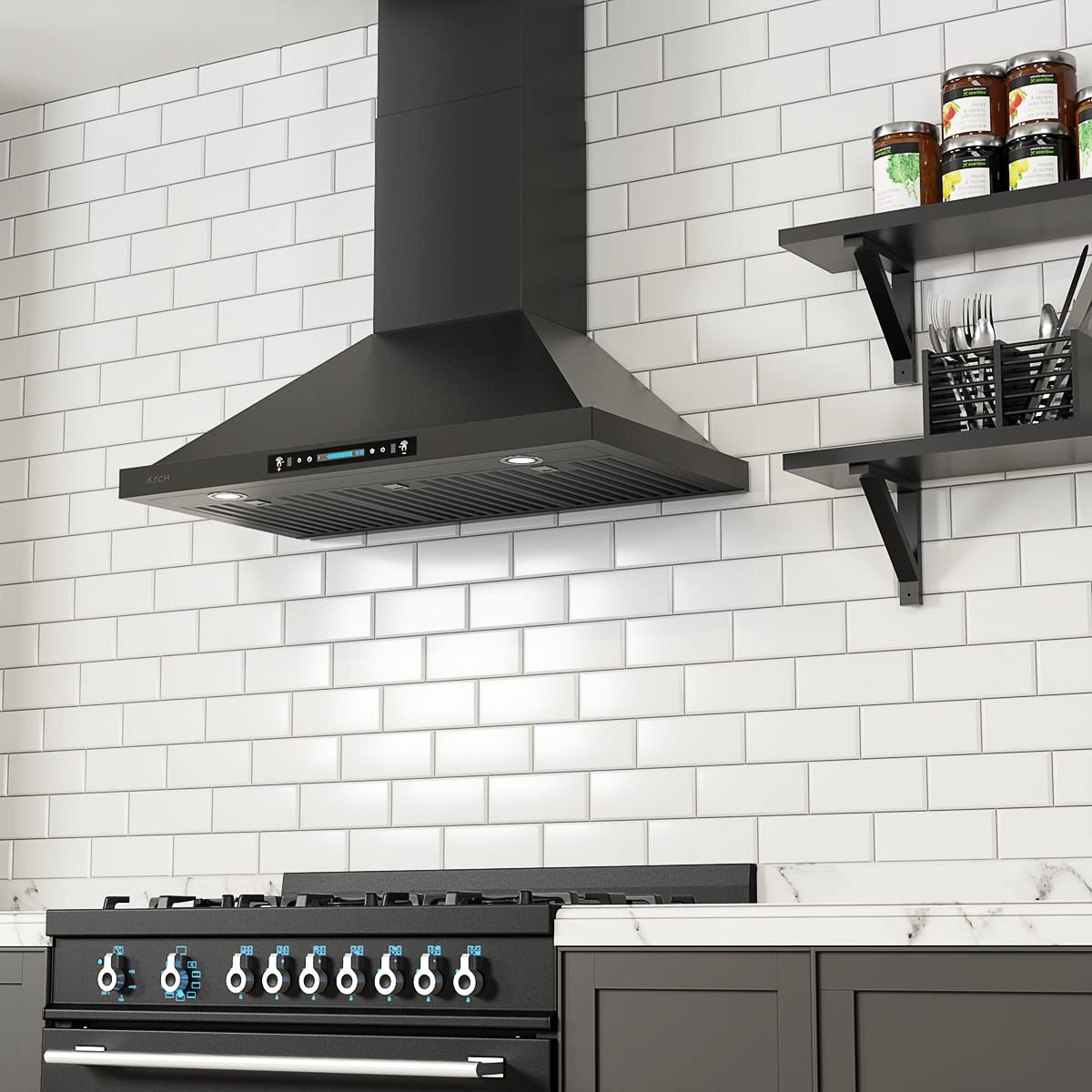 IKTCH - Campana extractora de montaje en pared negra de 36 pulgadas, 900 CFM de acero inoxidable con sensor de gestos y panel de interruptor de control táctil, 2 luces ajustables (IKP02-36-BSS)