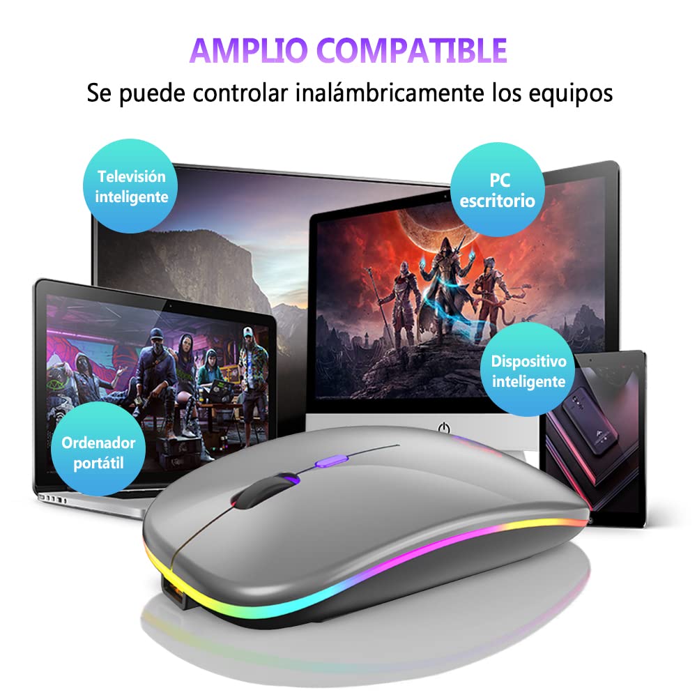 Free wolf X15 Mouse Inalámbrico, Wireless óptico Recargable 2.4 G Ergonómico Silencioso Click con Receptor USB 3(800/1200/1600) Ajustable dpi Ratón para Computadora,Portátil,PC,Mac (Gris)