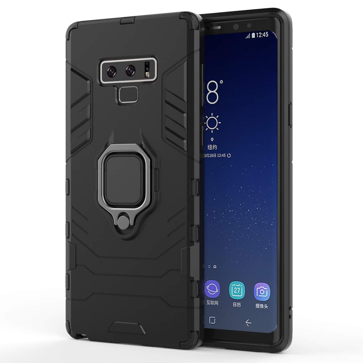 Compatible con Galaxy Note 9 Funda, Anillo Metálico Sujeción Soporte Antichoque Rígido Caja (Funciona con el Montaje de Coche Magnético) Doble Capa Sólido Case Carcasa para Samsung Galaxy Note 9 (Negro)