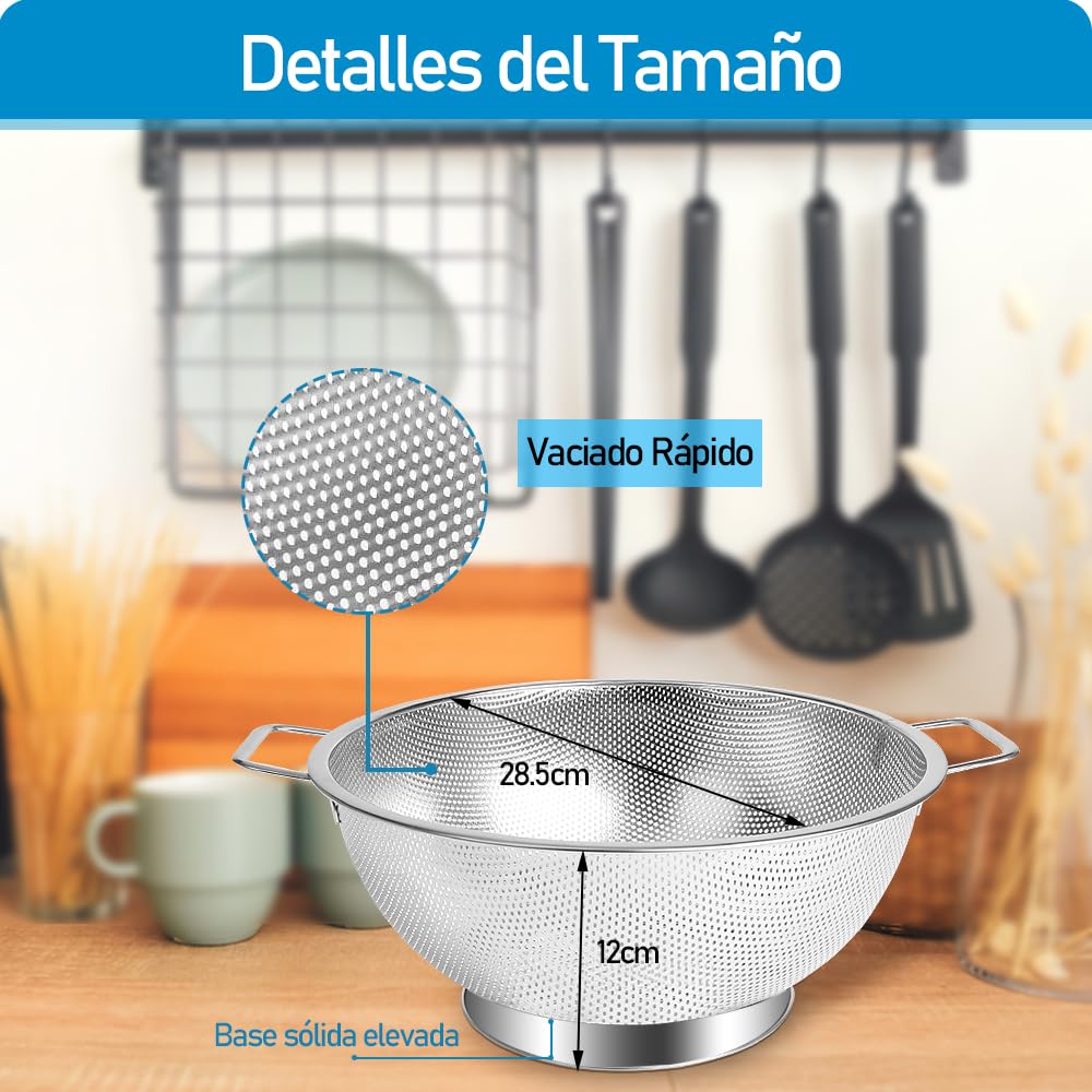 Bulaned Colador Microperforado de Acero Inoxidable, Colador Microperforado con Mango, Escurridor de Comida, Colador de 5 Cuartos, Escurridor de Ollas para Cocinar, Coladores de Malla
