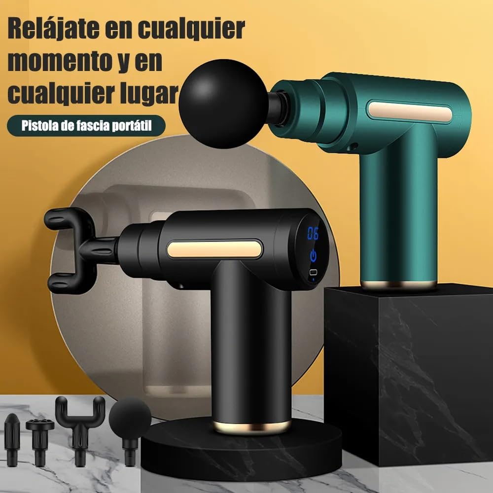 Pistola de Masaje Muscular con 4 Cabezas, Masajeador Portatil Muscular Mini Masajeador de Tejido Profundo Ajustables Massage Gun, Masaje Profesional Para Musculos, Ligamentos y Tejidos, Carga USB(Verde)