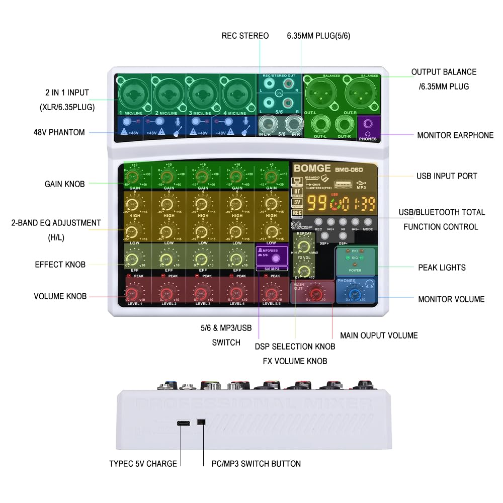 BOMGE - Mezclador de sonido de 6 canales, consola de mezcla digital profesional para streaming en vivo, karaoke y grabación estéreo, con reproducción de grabación de computadora de PC, Bluetooth, MP3