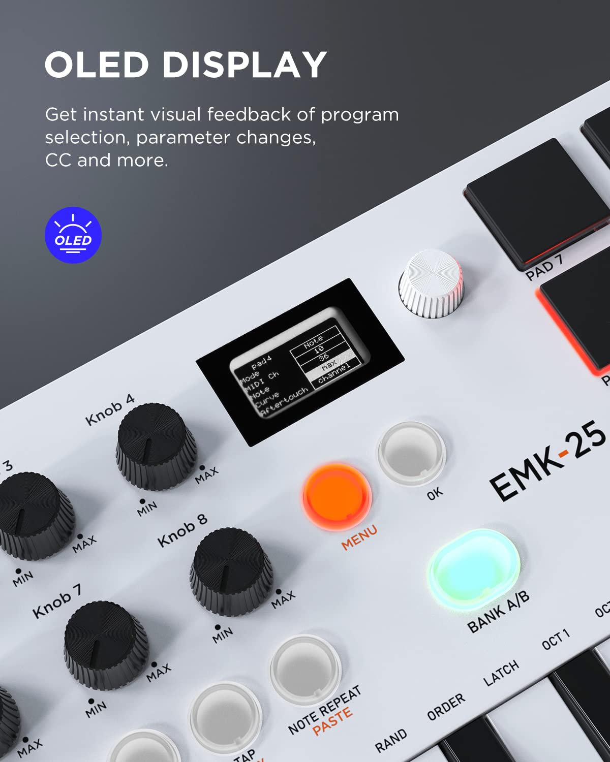 HXW EMK-25 - Teclado MIDI Bluetooth con 25 teclas, 9 almohadillas para orejas de ritmo retroiluminadas, visualización OLED, 8 perillas, software de producción musical incluido