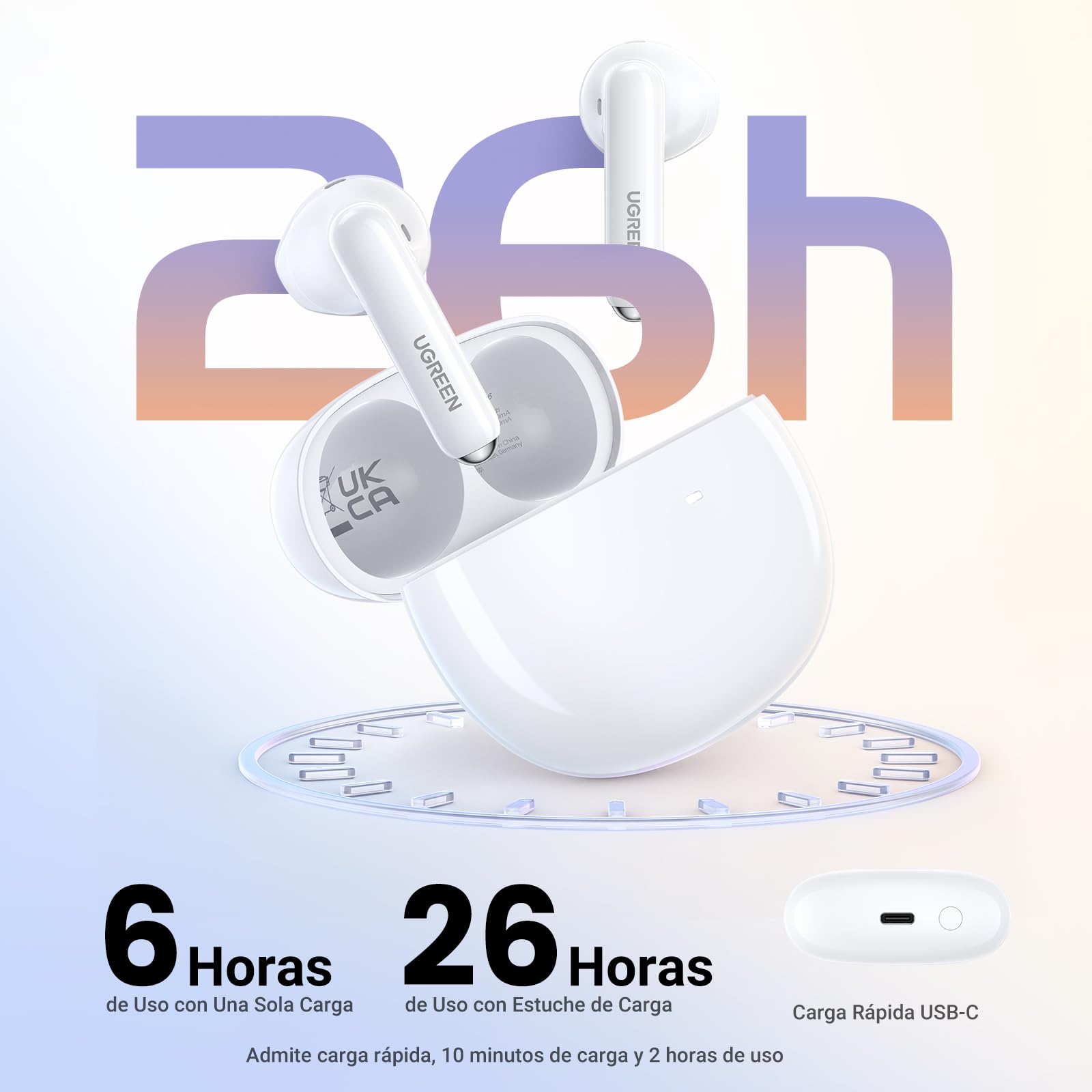 Audífonos Inalámbricos UGREEN Blanco con Cancelación de Ruido y Carga Rápida