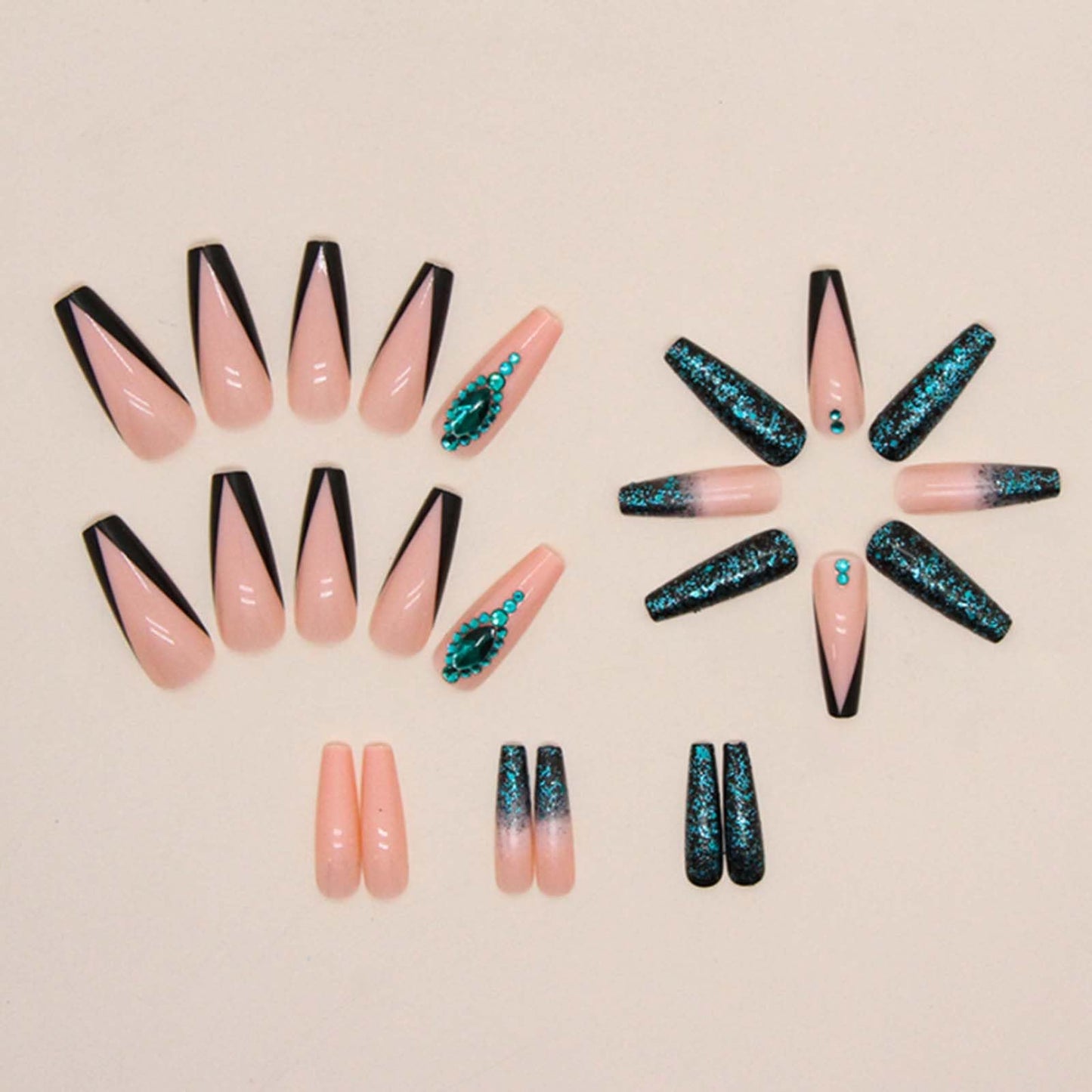 Gifiky Uñas Postizas de Gradiente, Ataúd Largo, Prensa En Uñas Francesas, Consejos, Diseño de Gema de Cristal, Cubierta Completa, Uñas Postizas Verdes para Mujeres y Niñas, 24 Piezas
