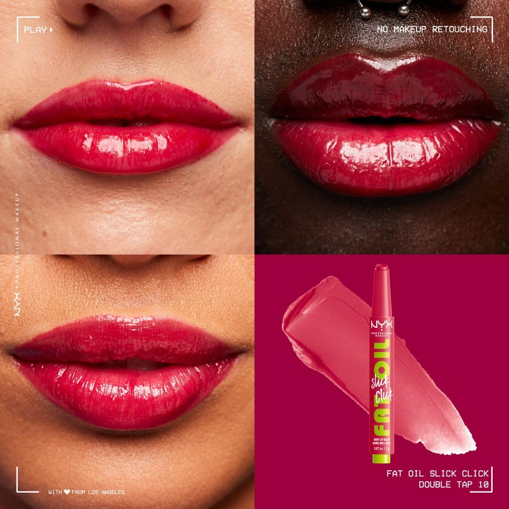 NYX Professional Makeup, Fat Oil Slick Click, 2gr. Tono: Double Tap. Brillo de labios en barra, hidrata hasta por 12hrs, sensación no pegajosa, con infusión de aceite de aguacate, frambuesa y zarzamora. Fórmula vegana.