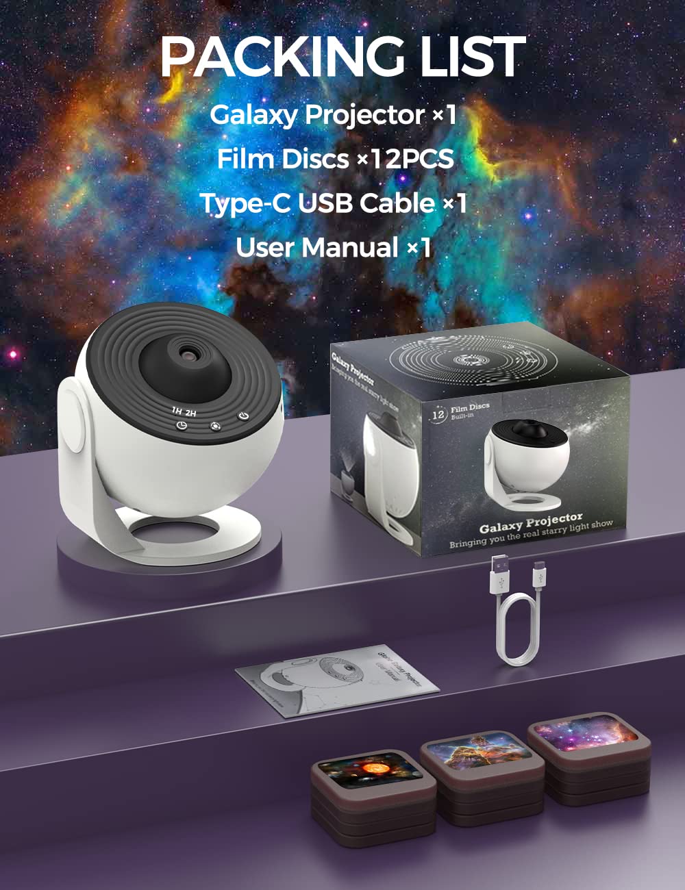 Proyector VanSmaGo Nebulosa Giratoria 360° Estrellada para Decoración de Recámara para Niños