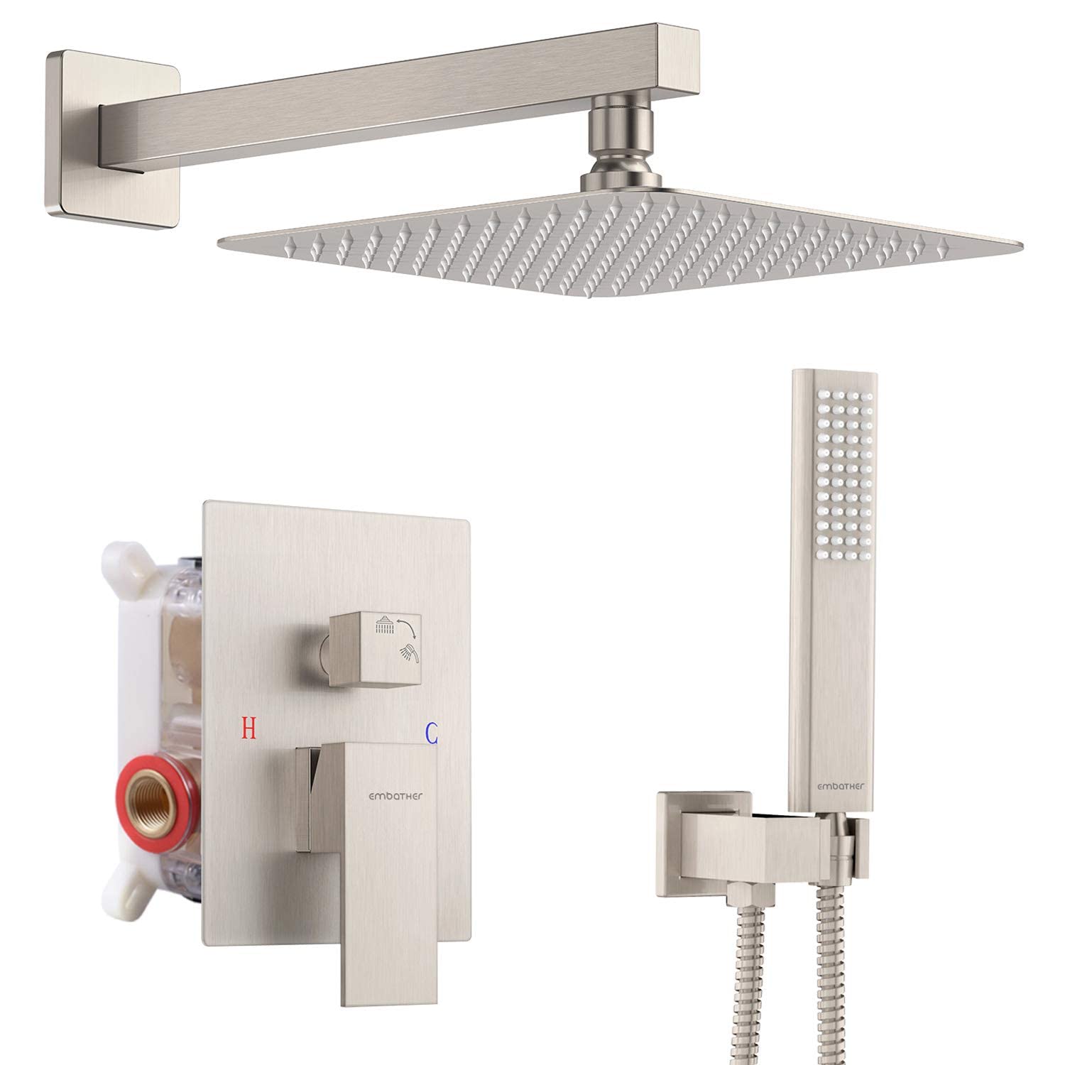 Sistema de Ducha EMBATHER Níquel Cepillado con Tecnología de Inyección de Aire de Última Generación 12 Pulgadas para Baño Ecológica