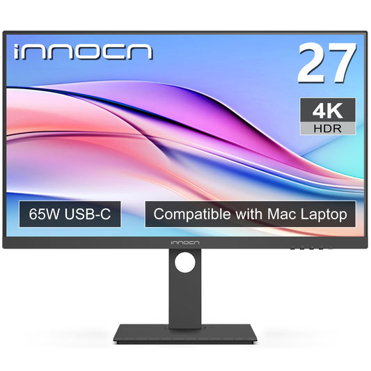 INNOCN - Monitor 4K UHD 3840 x 2160 LCD IPS de 27 pulgadas, HDR400, USB C 65W, DP, HDMI, monitor de PC para Mac Laptop, 1.07B+ colores, altavoces integrados, soporte giratorio y altura ajustable