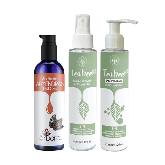 Kit Aceite de Almendras + Jabón Facial Tea Tree + Tónico Facial Tea Tree (Árbol de Té). HIDRATACIÓN, FRESCURA Y TONIFICACIÓN para piel grasa y mixta. 125 ml. / 125 ml. / 90 ml. Árbora