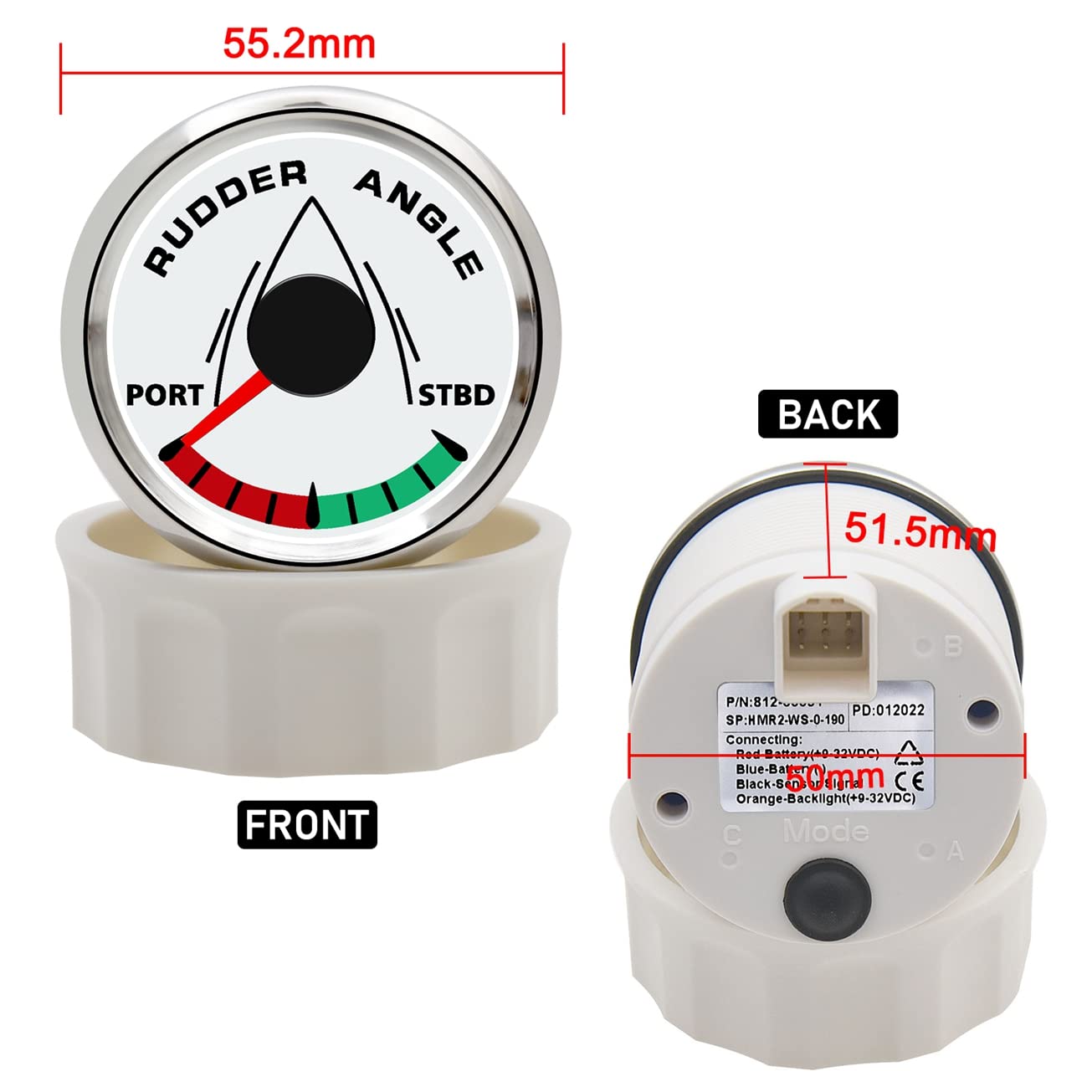 KAOLALI Indicador de ángulo de timón de 52 mm, medidor impermeable, 0-190 ohmios con sensor de ángulo de acoplamiento para yate de barco, 52 mm, 9-32 V, retroiluminación (plata blanca)