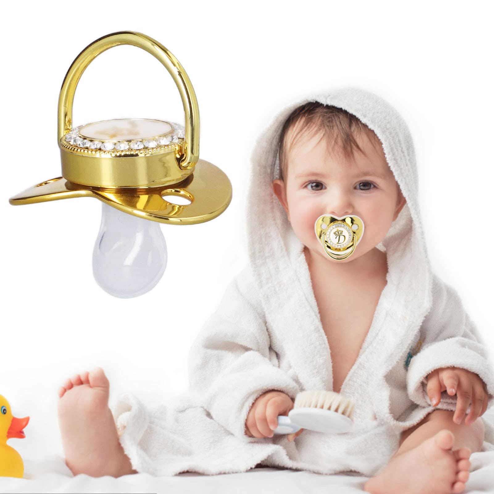 Chupete de bebé con letra dorada, chupete personalizado con clips para chupete y cubierta antipolvo para baby shower, fotografía de cumpleaños recién nacidos (D)