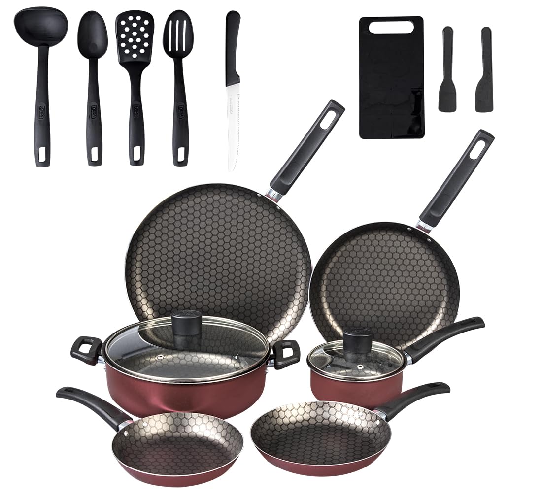 Cinsa Bateria de cocina Esencial Equipa tu cocina 16 piezas, aluminio con antiadherente thermocell, tapas de vidrio templado, cuchillos, utensilios, Rojo (16 piezas)