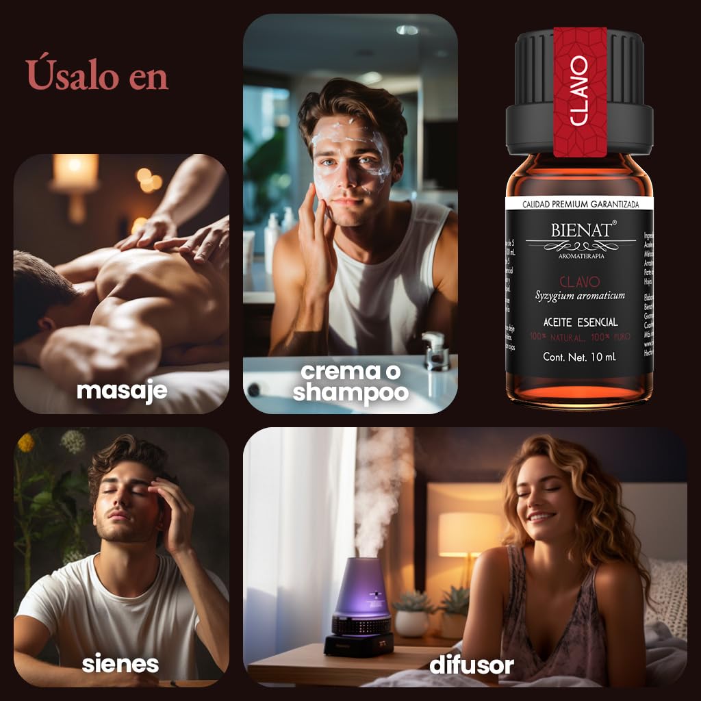 BIENAT AROMATERAPIA Aceite Esencial de Clavo 10mL | 100% Puro y Concentrado | Ideal para Difusor de Aromas, Humidificador, Aromaterapia, Masajes, Meditación, Jabones y Velas | Esencia Natural en Gotas