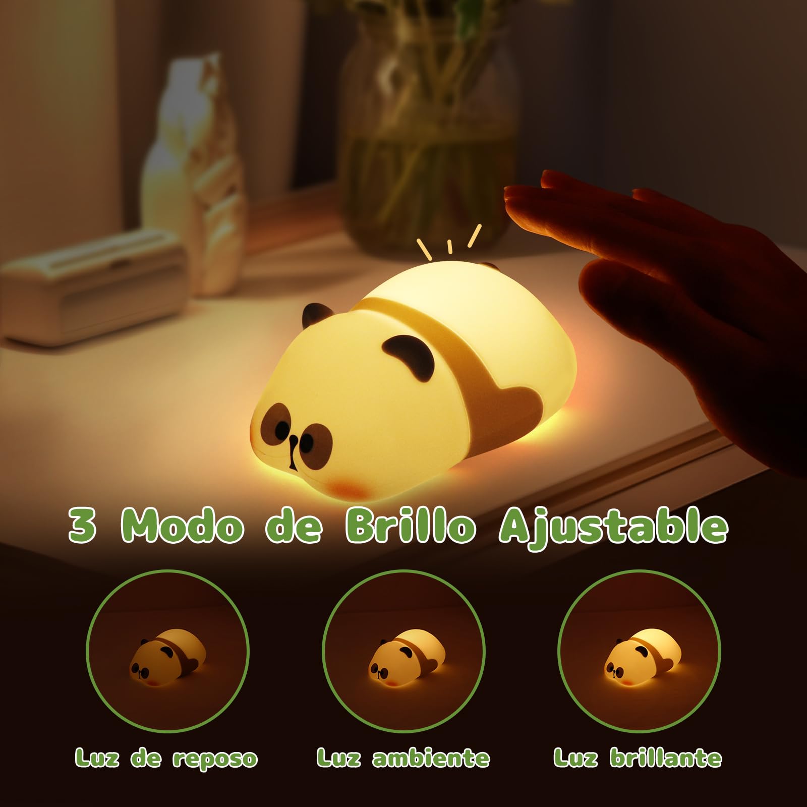 KUAEAY Luz de Noche de Pan-da para Bebé, Silicona Luz Nocturna Infantil, Lampara USB Recargable Portatil para Niños Habitación,3 Regulación, Linda Luz Nocturna para Dormir Lactancia, Decoración
