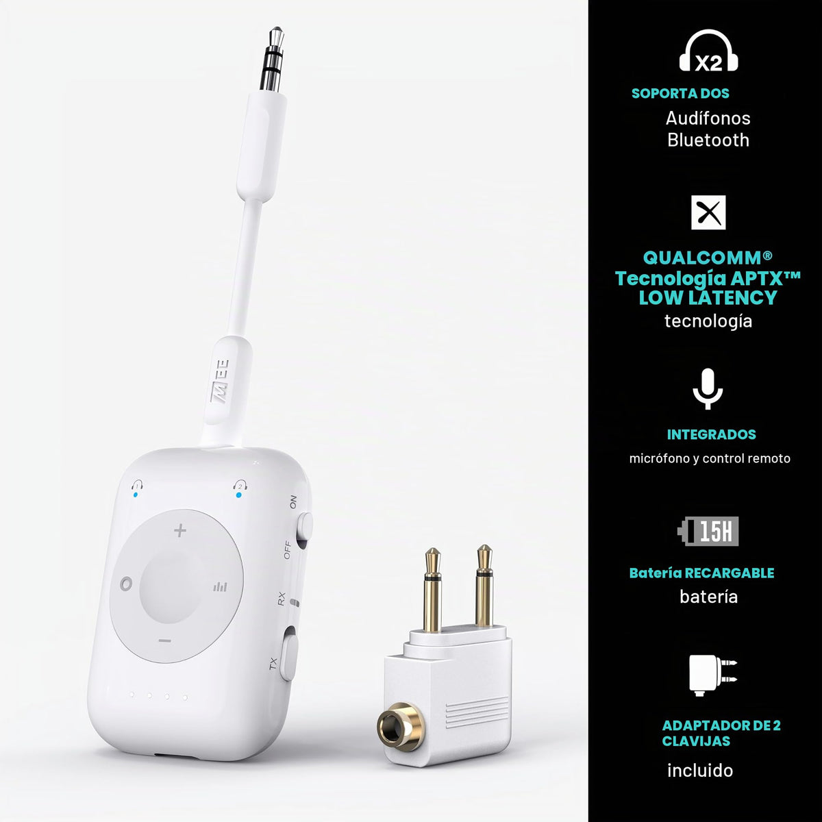 Transmisor y Receptor Inalámbrico MEE Audio Connect Air Pro Negro con Adaptador 2 en 1 y Cable Desmontable para Auriculares Bluetooth