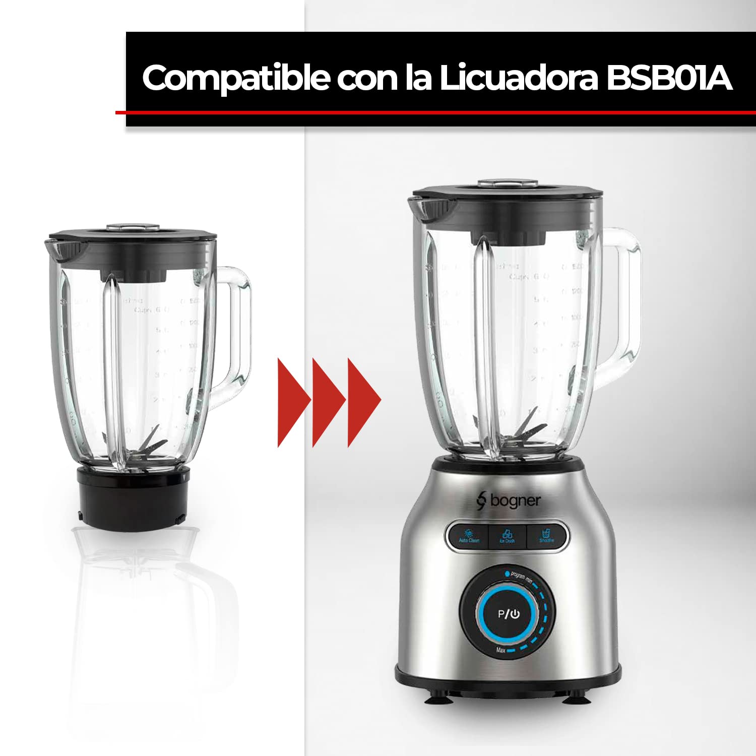 BOGNER Vaso Vidrio templado 1.75 litros C/aspas y tapa compatible con licuadora BSB01A
