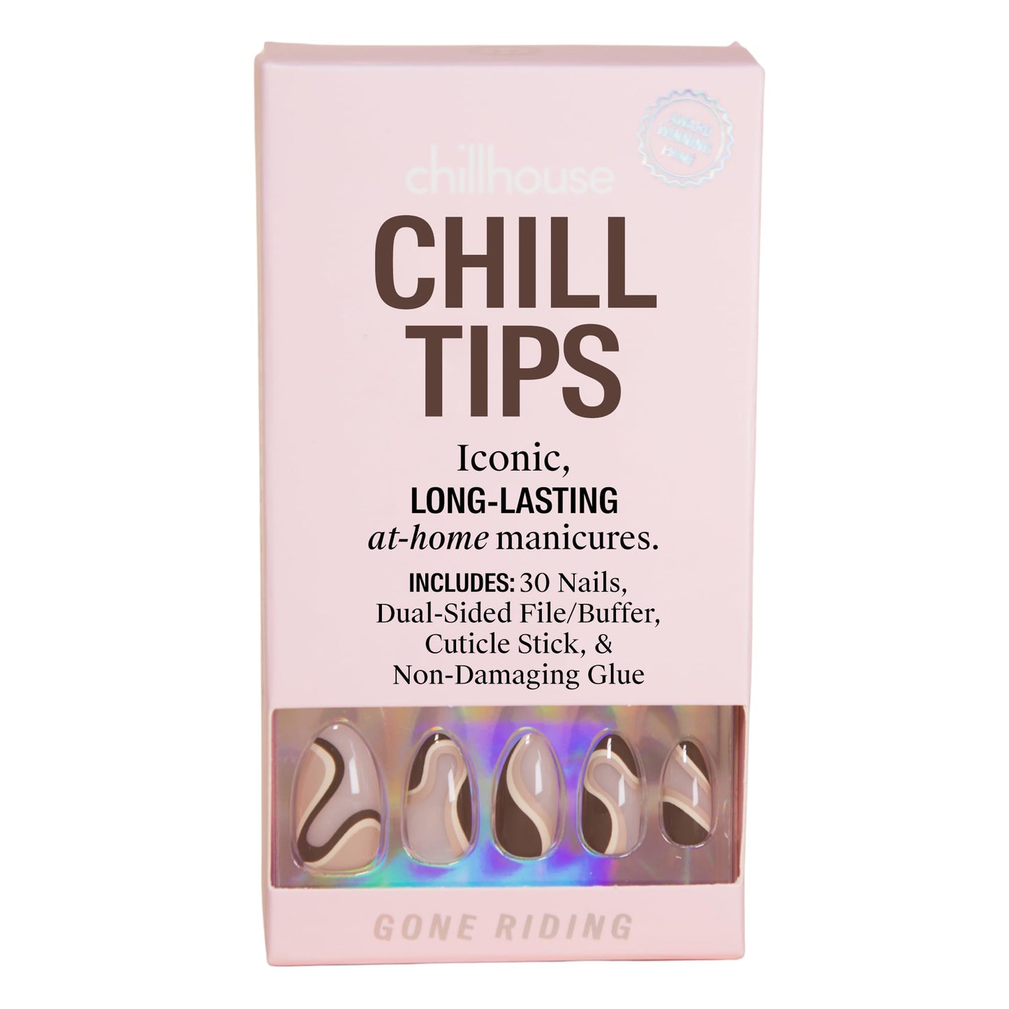 Chillhouse - Kit de Uñas Chill Tips Press on - Gone Riding (Almendra) - 30 Formas y Tamaños de Uñas - Hasta 2 Semanas de Uso - Ajuste Personalizable - Reutilizable - Fundado por Latinas y Propiedad