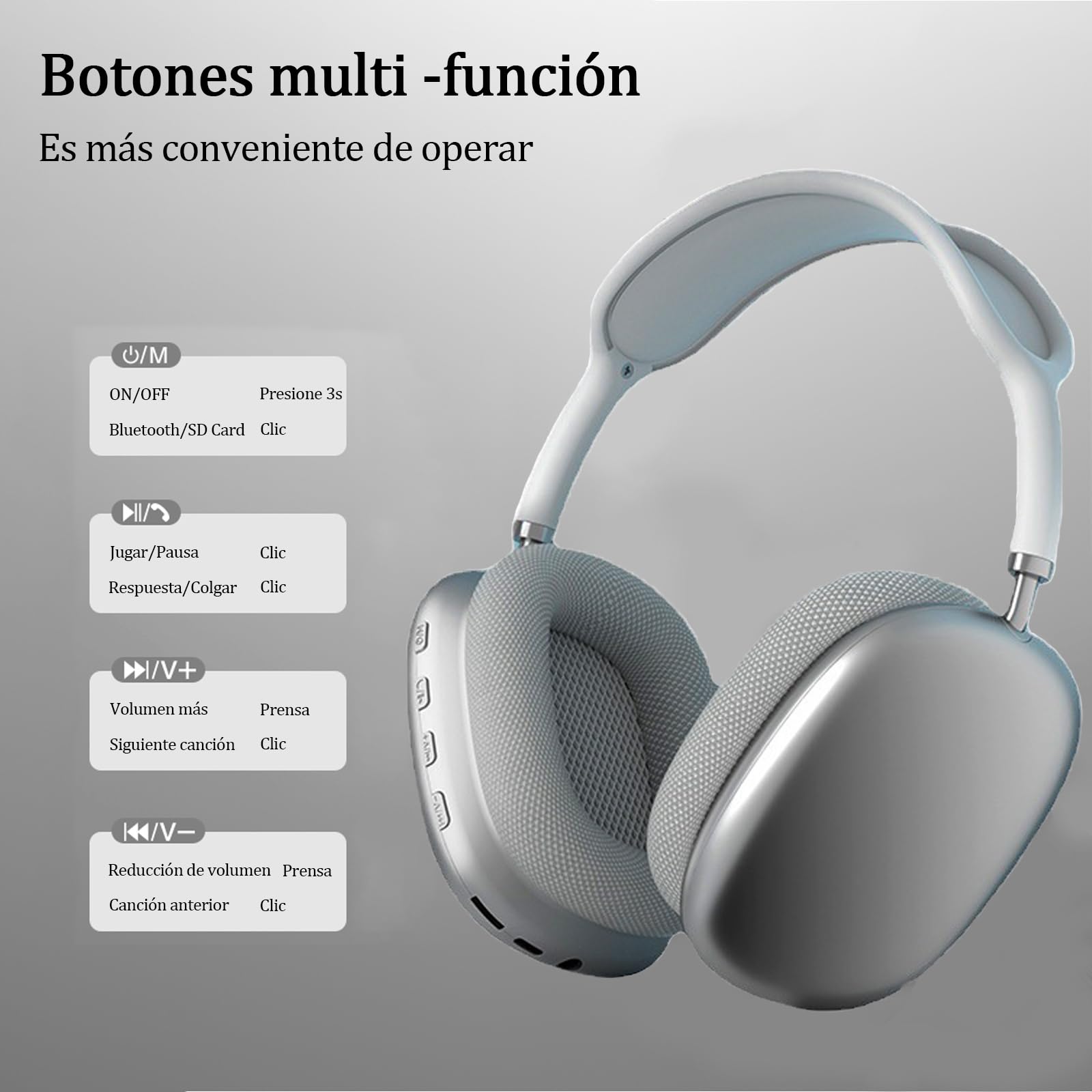 Audífonos inalámbricos on-Ear, Diadema Inalámbricos, Bluetooth 5.1, Micrófono Incorporado para Llamadas, Soporta TF, Conexión de Cable 3.5 mm, hasta 10 Horas, Alcance Inalámbrico de 10 Metros (Plata)