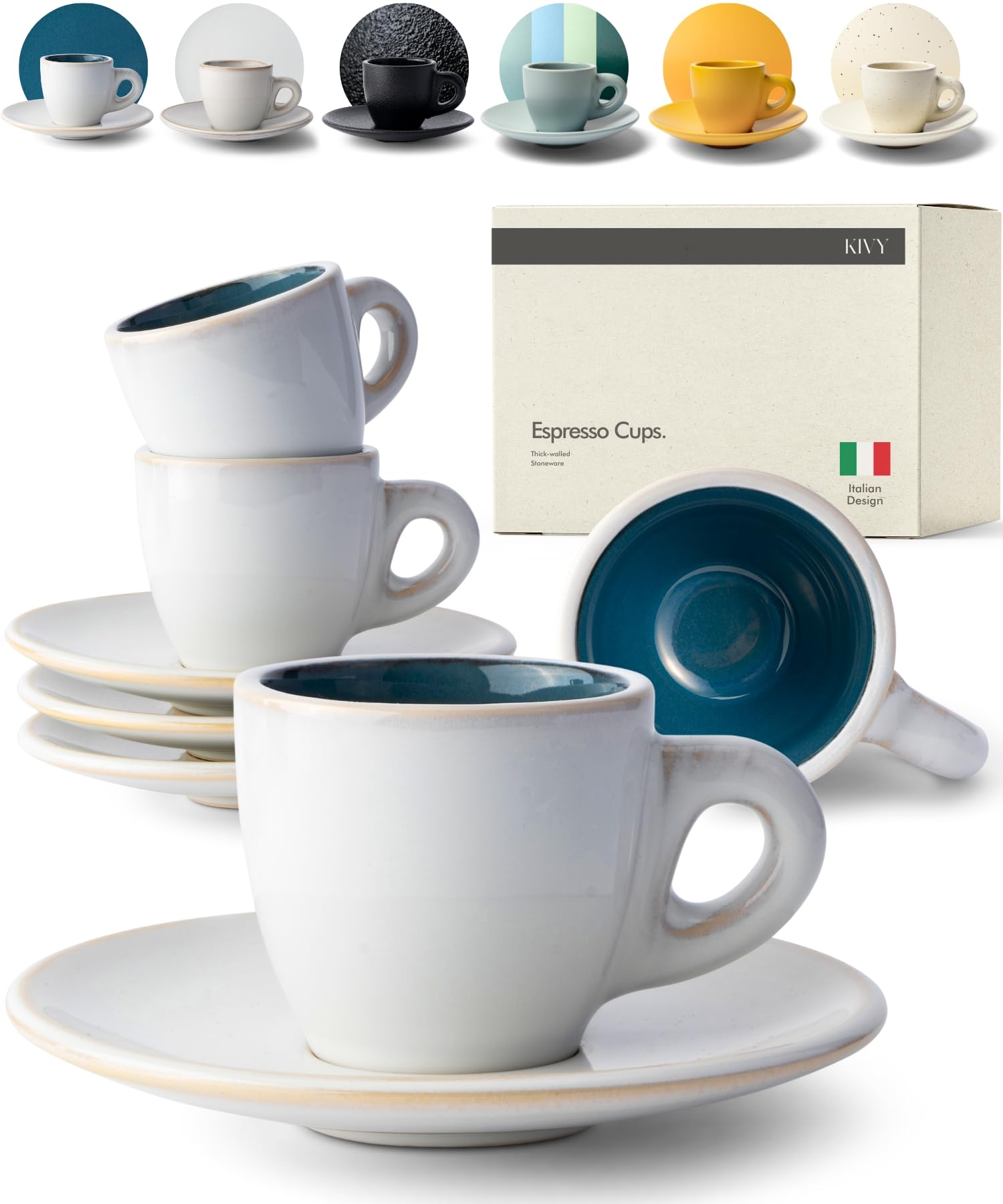 KIVY - Juego de 4 tazas de café expreso de 3 onzas, tazas y platillos de gres de pared gruesa, taza y platillos expresso de estilo italiano, color azul