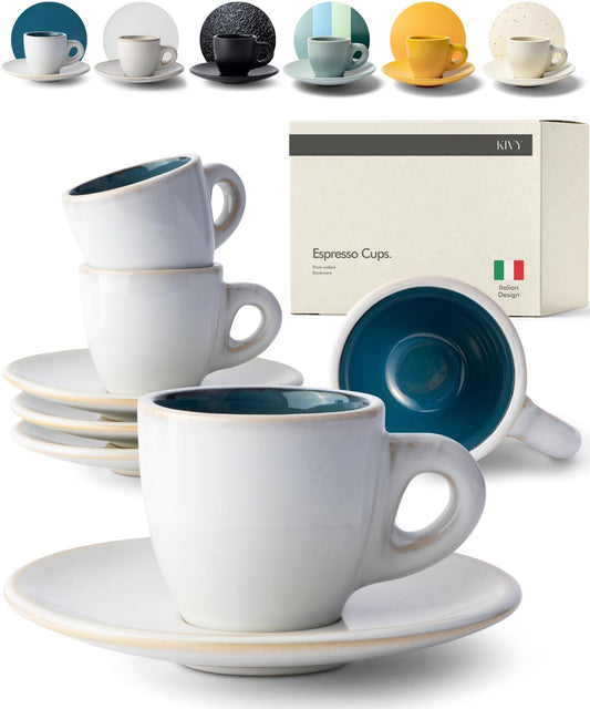 KIVY - Juego de 4 tazas de café expreso de 3 onzas, tazas y platillos de gres de pared gruesa, taza y platillos expresso de estilo italiano, color azul