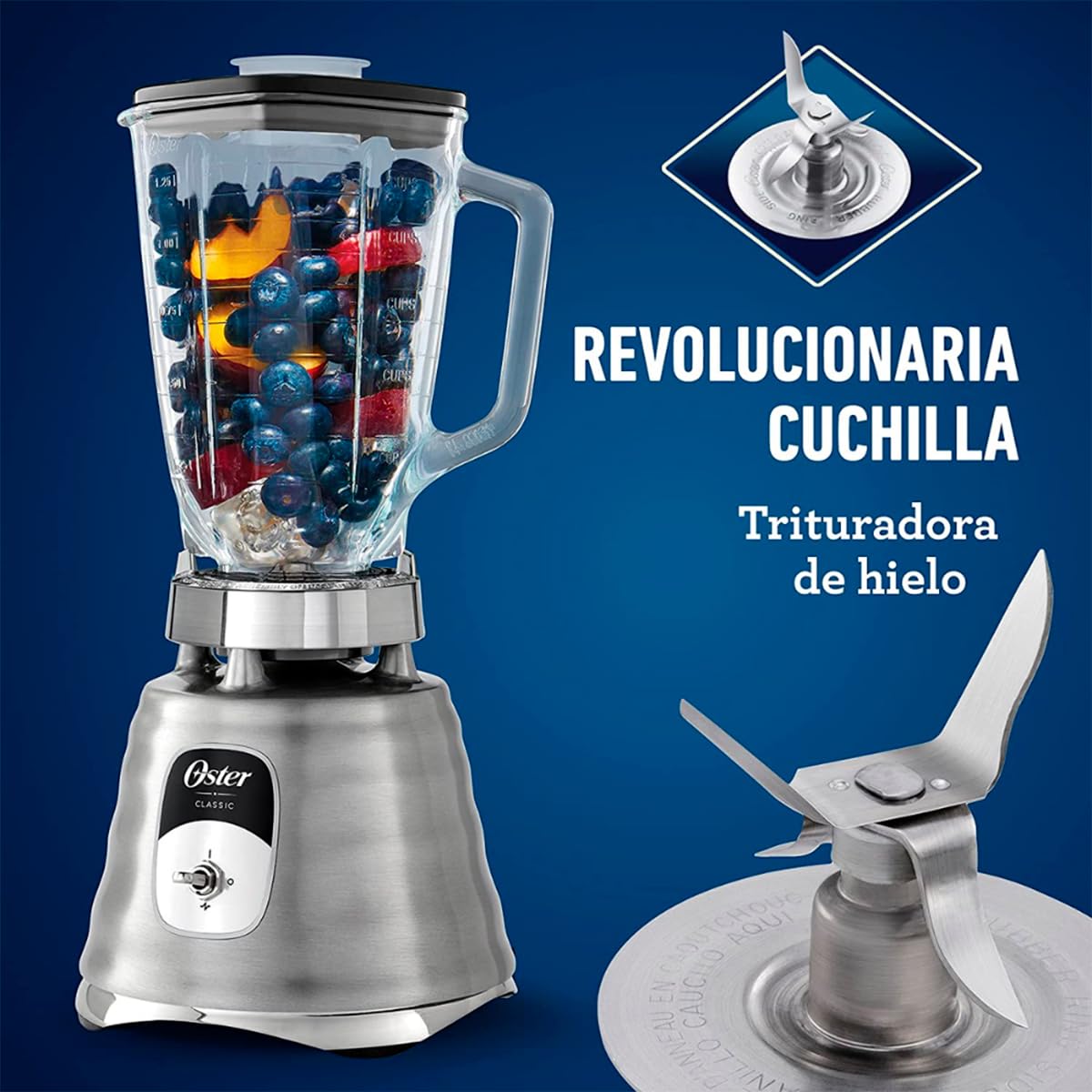 Licuadora Clásica Oster Plateada con Vaso de Vidrio 1.25 L y Cuchilla Trituradora de Hielo