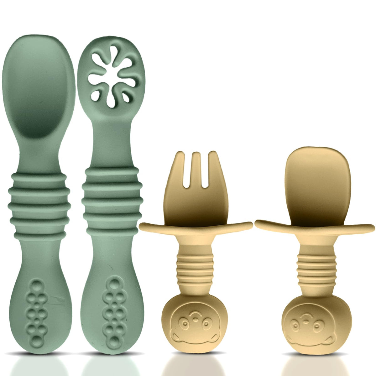 HippoBaby - Cucharas de silicona para bebé, 4 piezas, utensilios autoalimentables para bebé, 6 a 12 meses, 3 cucharas para bebé, 1 tenedor para bebé, juego de cubiertos para niños pequeños, sin BPA
