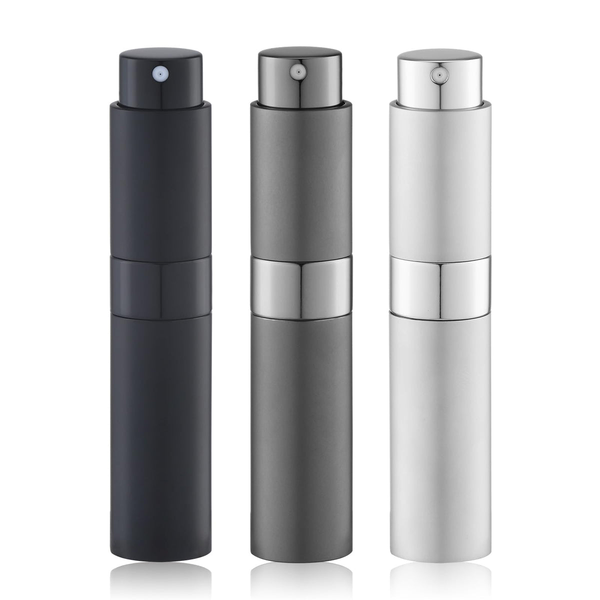 Lulupack - Atomizador de perfume de 10 ml (3 unidades), botella de aerosol de colonia, pulverizador portátil recargable de viaje (negro, plateado, gris)