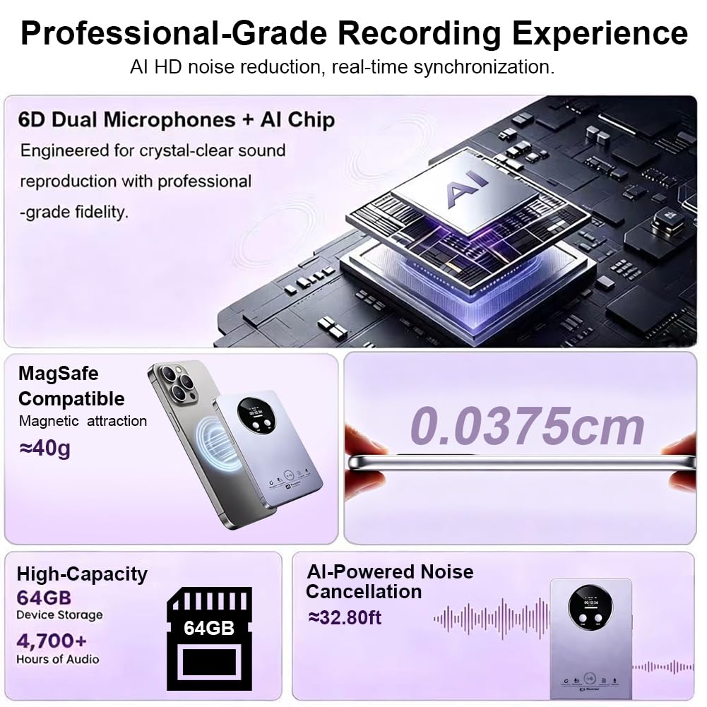 Grabadora de Voz Digital AI 64 GB con Transcripción y Traducción en Múltiples Idiomas