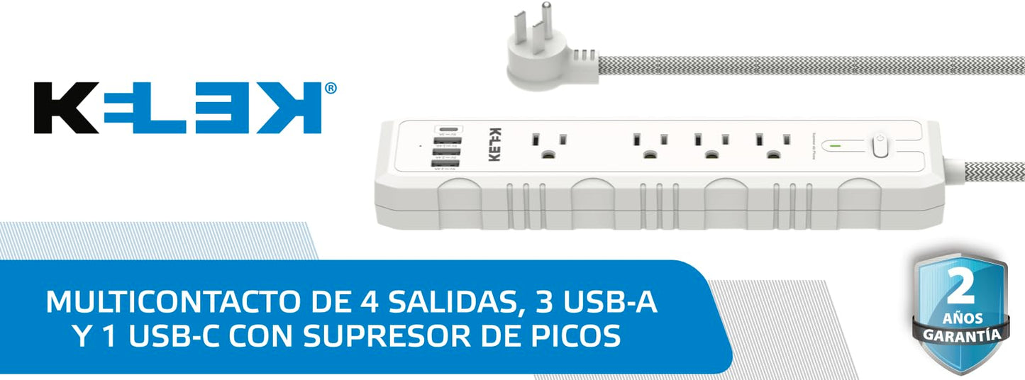 Multicontacto KELEK Blanco con 4 Salidas 127AC, 3 USB-A, 1 USB-C y Supresor de Picos con Extensión Flexible