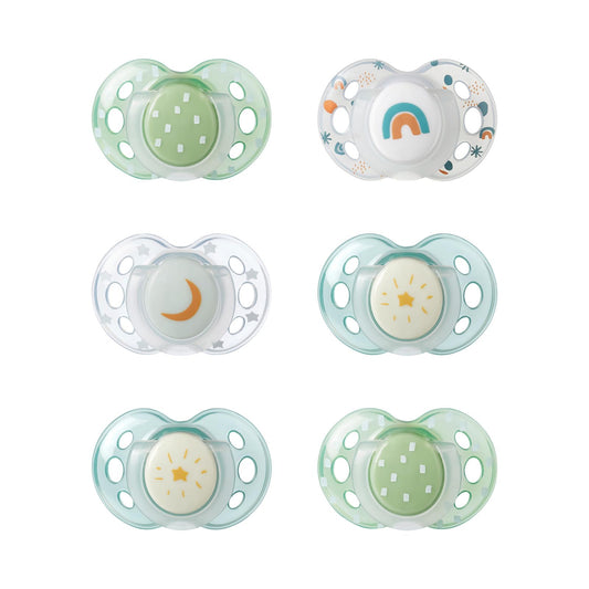 Chupones nocturnos Tommee Tippee que brillan en la oscuridad, diseño simétrico, silicona sin BPA, 18-36 meses, 6 unidades