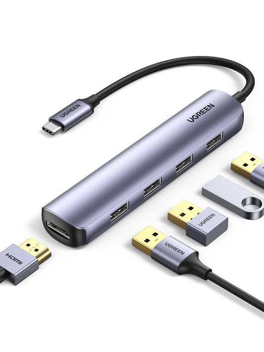 Adaptador USB C UGREEN Gris 5 en 1 con HDMI 4K y 4 Puertos USB 3.0 Compatible para MacBook Pro iPad y Galaxy Note