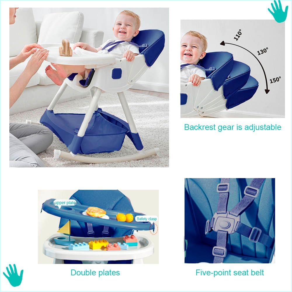 Silla alta para bebe, silla periquera para comer silla para bebe 6 en 1 con babero vaso entrenador y plato de comida, facil de armar, plegable multifuncion (Azul)
