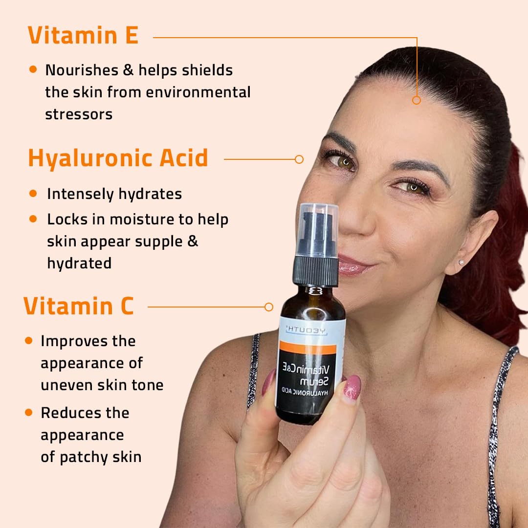 YEOUTH Suero Facial de Vitamina C con Ácido Hialurónico y Vitamina E, Vegano, Suero Antimanchas y Antiarrugas para el Rostro, Apto para Dermaroller, Combo con Hidratante Crema Solar Facial 30ml