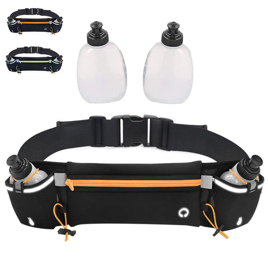 Cangurera Deportiva, Riñonera Deportiva con 2 Botellas de Agua, Riñonera Impermeable Reflectante con Cinturón Regulable, Ideal para Ciclismo, Correr, Deportes al Aire Libre. (1, naranja, Medium)