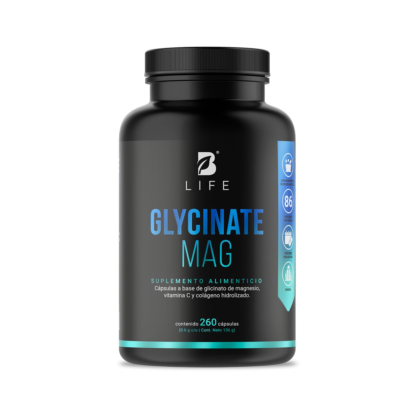 B Life Company Glicinato de Magnesio de 260 Cápsulas con 1800 mg por porción. Alta absorción. Ingredientes Naturales. Glycinate Mag.