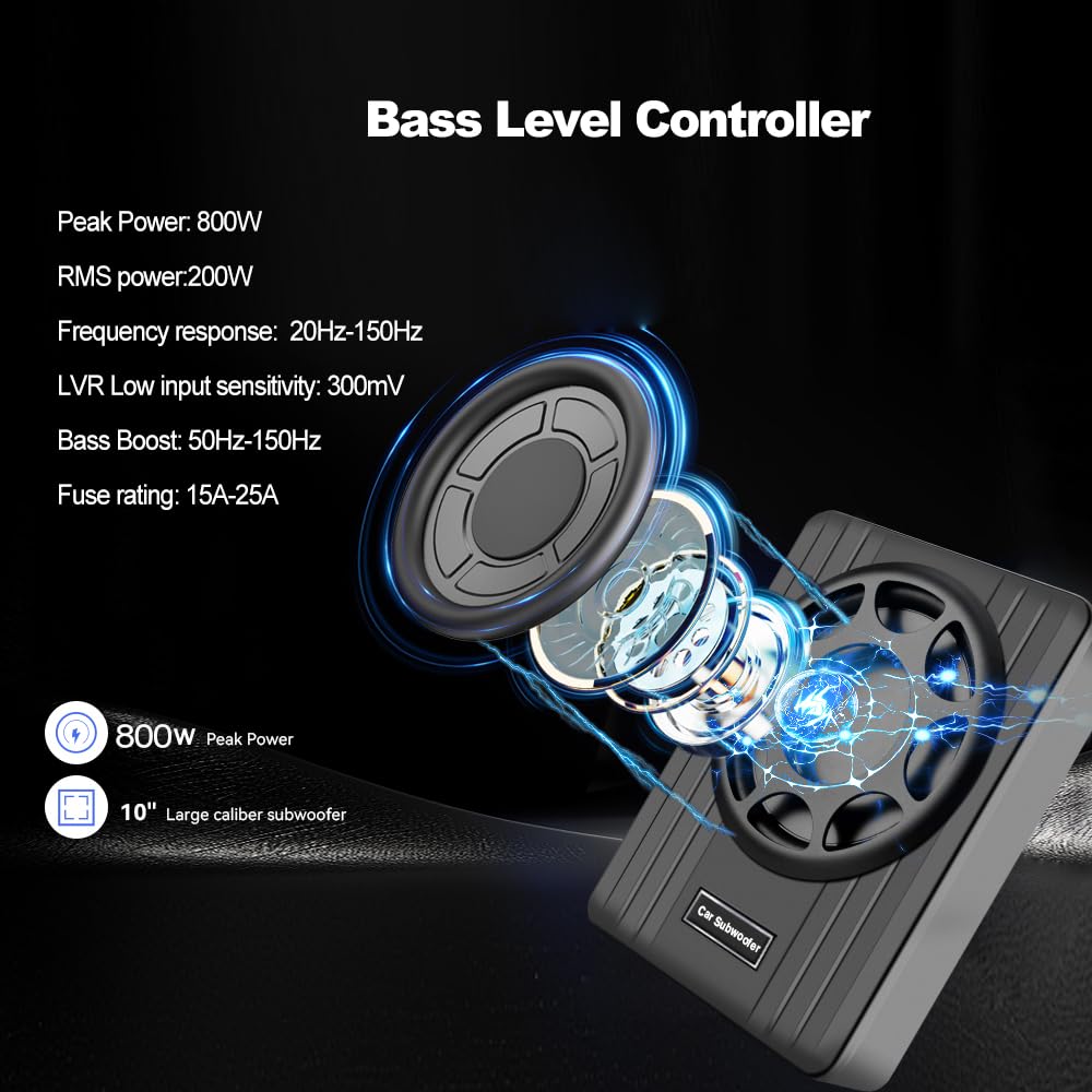 litillbuly Subwoofer de coche de 10 pulgadas, 800 W, subwoofer delgado para debajo del asiento, entrada de nivel alto/bajo, subwoofer de audio para coche/camión, amplificador integrado