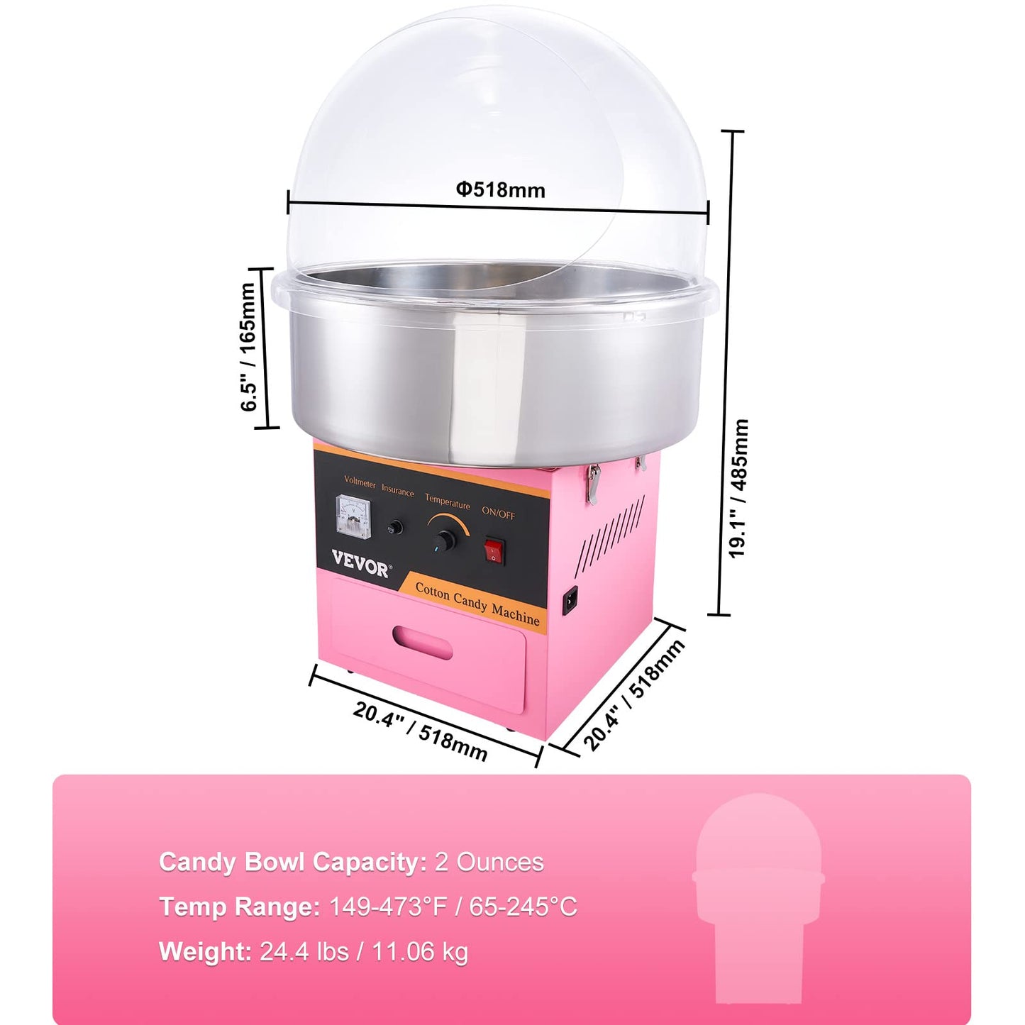 Máquina Eléctrica de Algodón de Azúcar VEVOR Rosa con Tazón de Acero Inoxidable para Eventos y Hogar
